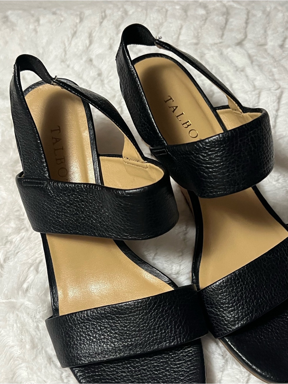 Talbots Black Leather Open-Toe Slingback Cork Wedge Sandals